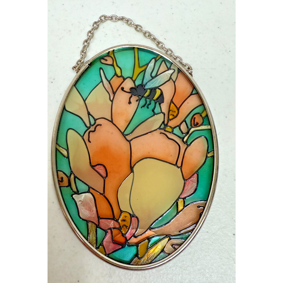 VTG Joan Baker Bee Flowers Stained Glass Suncatcher Hand Painted Floral Art - Picture 1 of 5